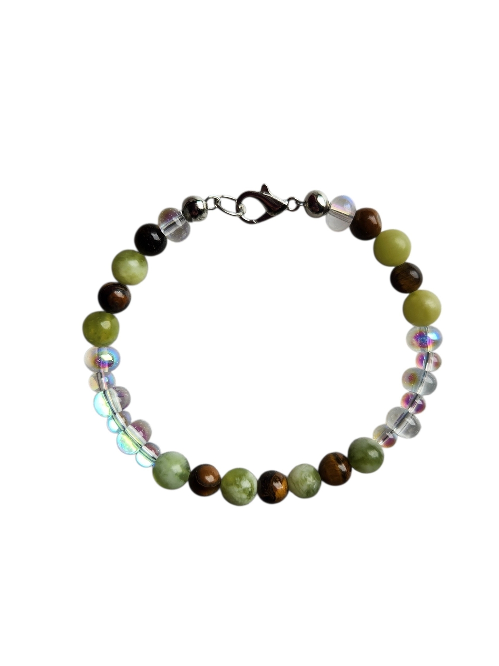 Green Serpentine Jade and Tigers Eye Beaded Bracelet with Iridescent Accents